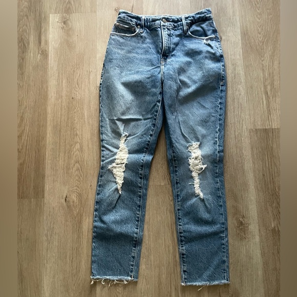 good american the weekender blue high rise distressed raw hem jeans size 25 - Picture 1 of 5
